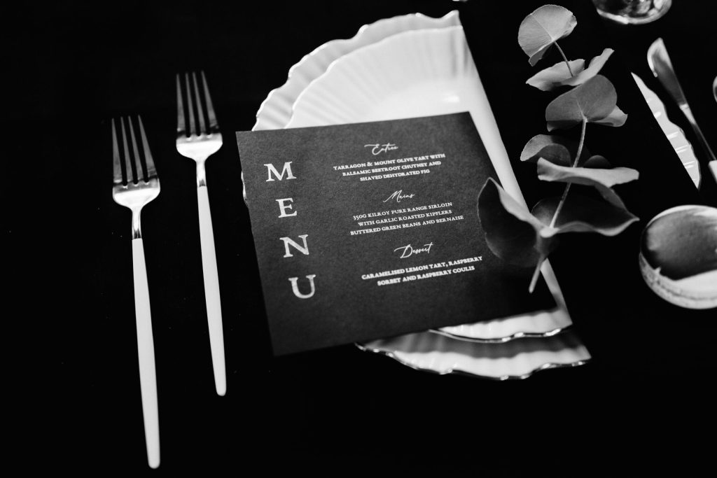 monochrome wedding table set up