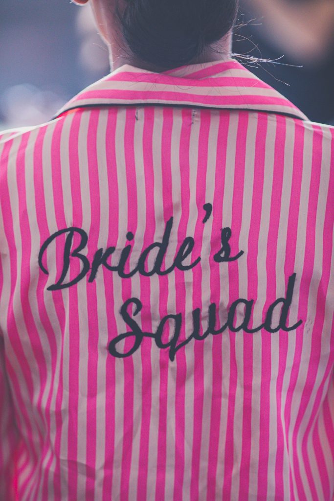 bridesmaids pyjamas with Bride's squad written on back
