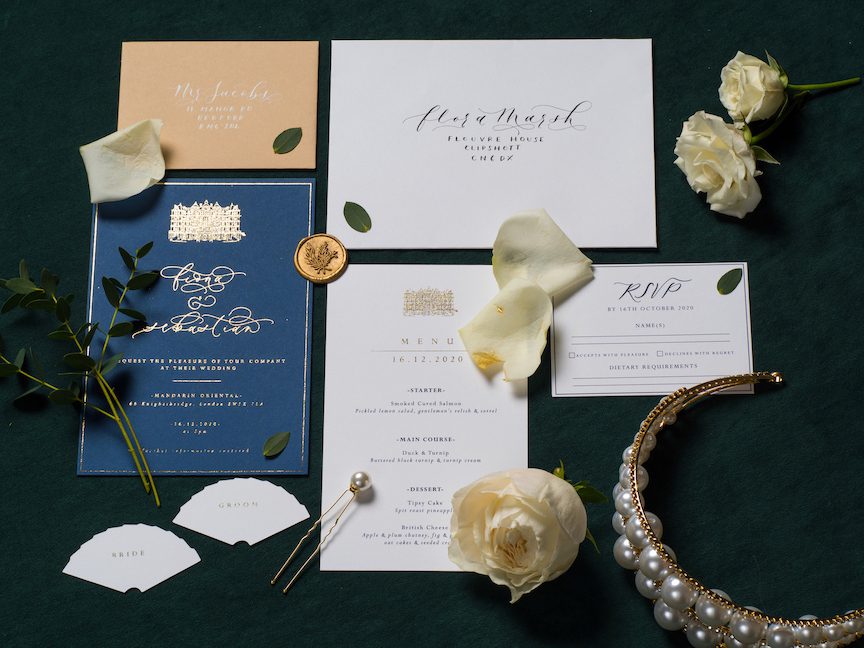 Navy blue, white and gold wedding stationery for London wedding